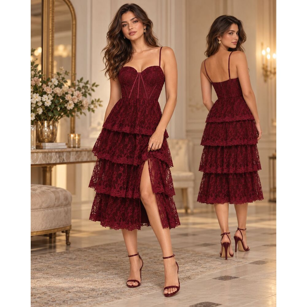 Lulus Exceptional Persona Midi Dress Wine Red Lace Bustier Size XL NWT